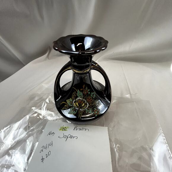 Japan Vase Double Handle Ceramic Hand Painted reddish brown 5.5" tall  4 wide - Picture 7 of 7